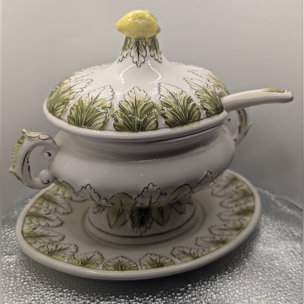 MCM Rare Ceramic Green Leaf & Lemon Soup Tureen with Ladle and Underplate